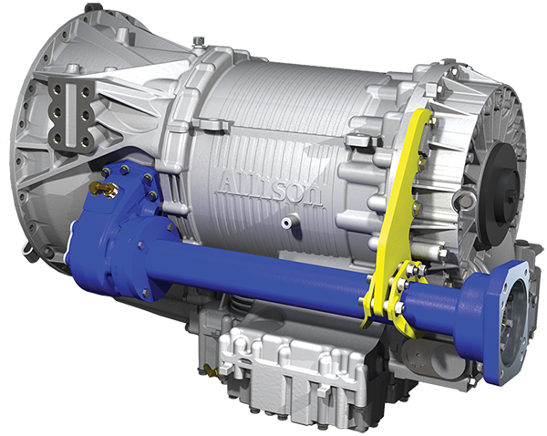 An image of the EX Drive, shown in blue, attached to an Allison transmission, shown in gray, using a pump support bracket, shown in yellow.